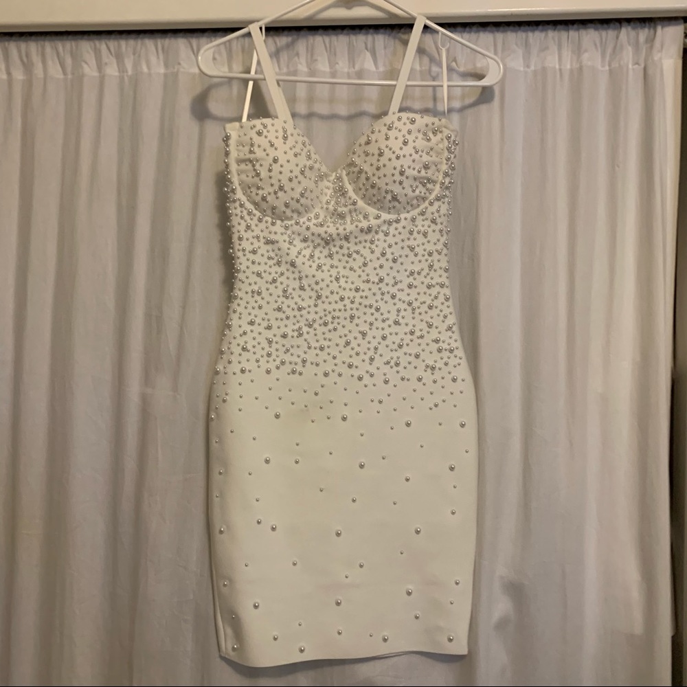 NWT: size S white bodycon dress with pearls